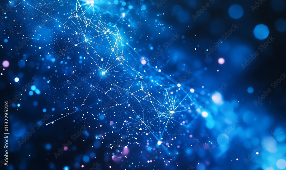Poster Abstract digital representation of interconnected nodes and particles in blue.