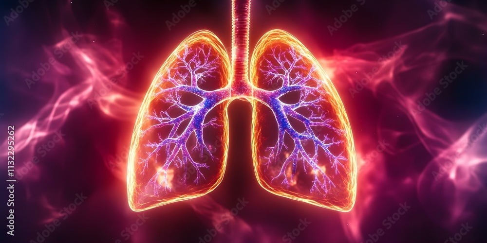Poster a vibrant artistic representation of human lungs, highlighted with glowing patterns to illustrate th