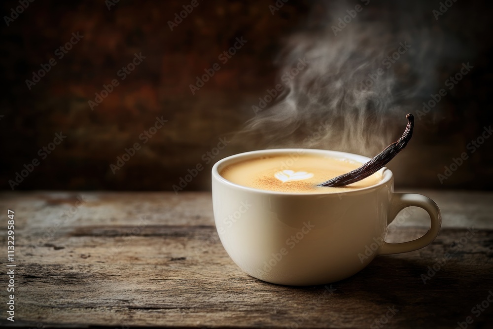 Poster steaming cup of coffee with vanilla bean on rustic wood.