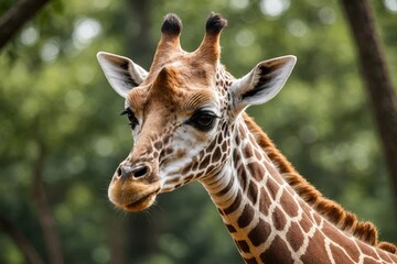 Obraz premium Close view of Giraffe cub against natural environment blurred background.