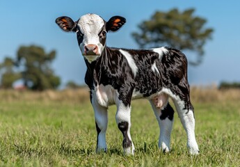 Obraz premium Adorable young calf standing in a verdant field under a clear blue sky, showcasing its unique black and white coat and curious expression in a peaceful rural setting.