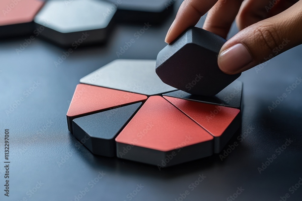 Aufkleber hand placing a black piece onto a hexagonal puzzle representing a pie chart.