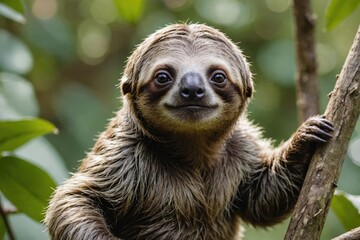 Fototapeta premium Close view of Sloth cub against natural environment blurred background.