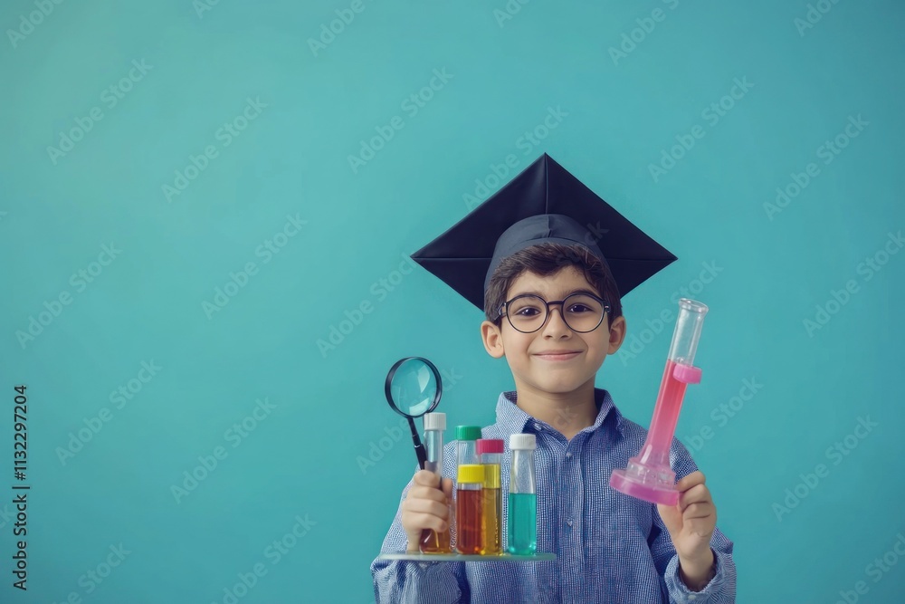 Poster Smiling boy in graduation cap holds science equipment.