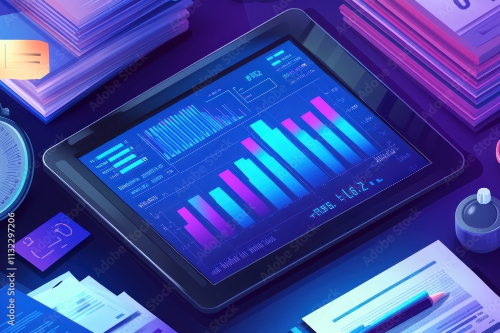 Aufkleber tablet displaying financial charts and graphs surrounded by office supplies.