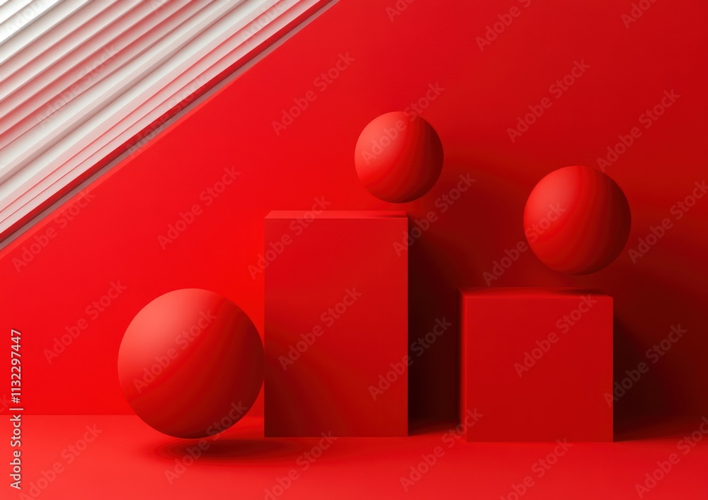 Poster red spheres and cubes on red background.