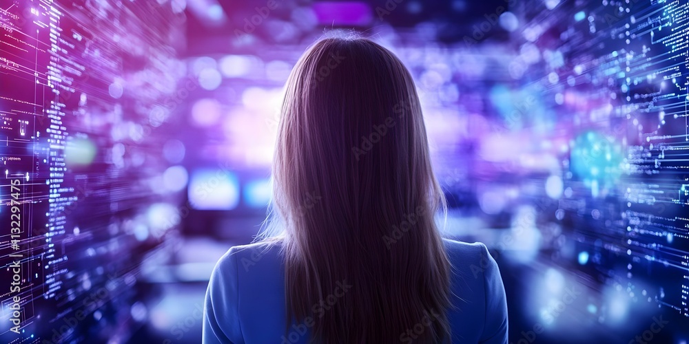 Poster a person with long hair is facing a digital environment filled with colorful lights and data pattern