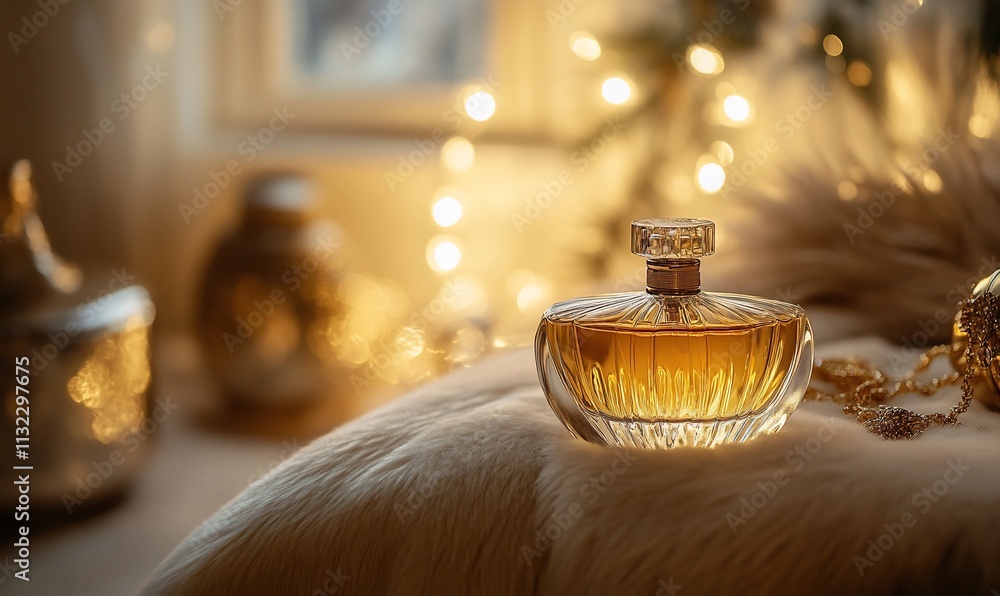 Poster elegant perfume bottle on a soft surface with warm lights in the background.