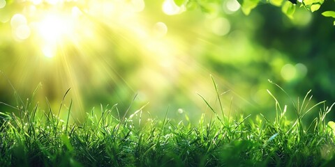 Obraz premium Lush green grass background illuminated by sun beams. Captivating bright natural bokeh enhances the scene. A soft focus highlights the vibrant green grass for a serene atmosphere.