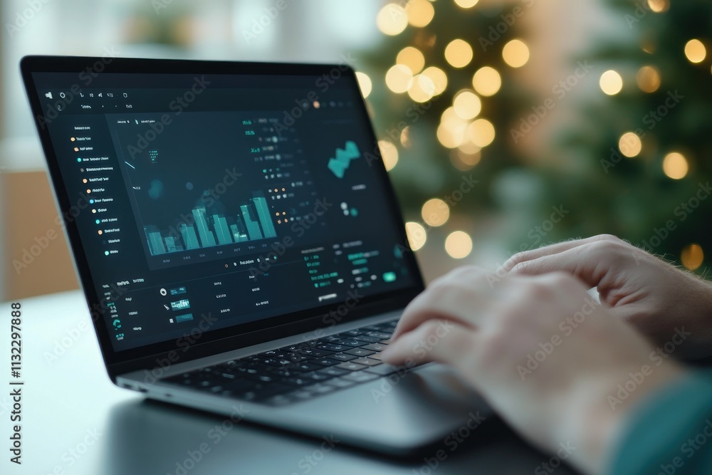 Poster person analyzing data on laptop with christmas lights bokeh.