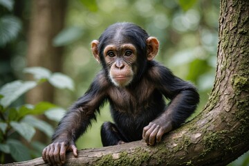 Close view of Chimpanzee cub against natural environment blurred background.