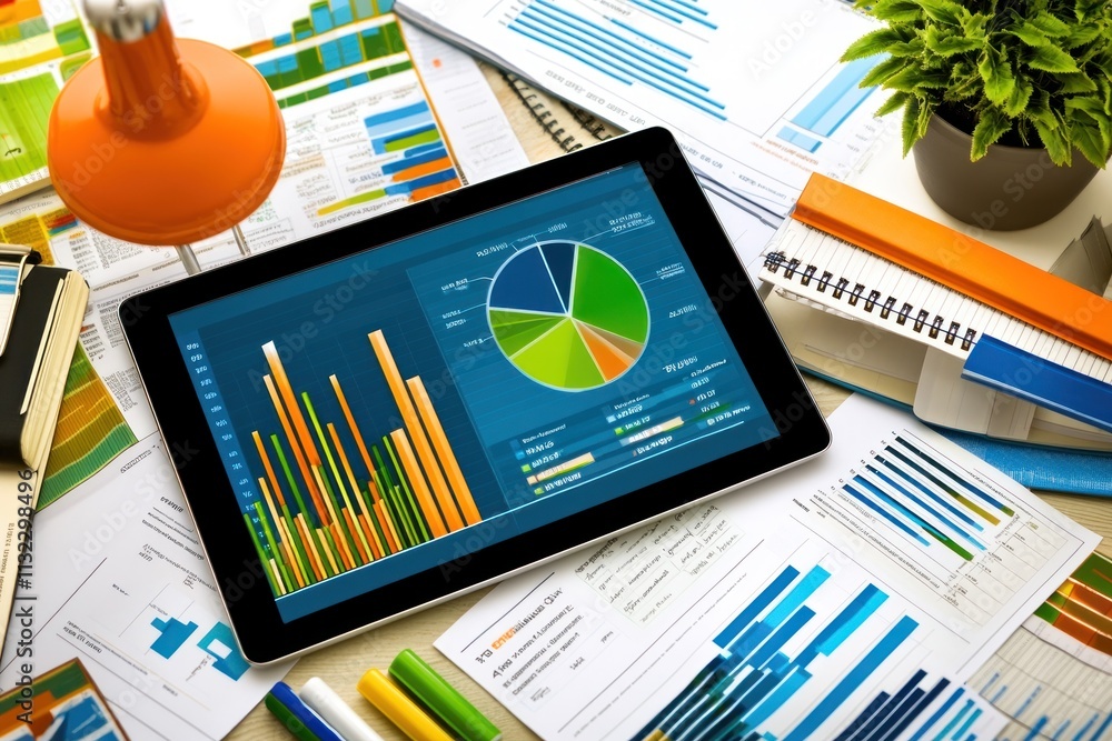 Poster Tablet displaying financial charts and graphs surrounded by paperwork on a desk.