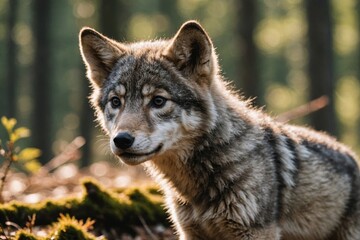 Obraz premium Close view of Gray Wolf cub against natural environment blurred background.
