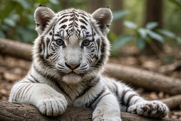 Fototapeta premium Close view of White Tiger cub against natural environment blurred background.