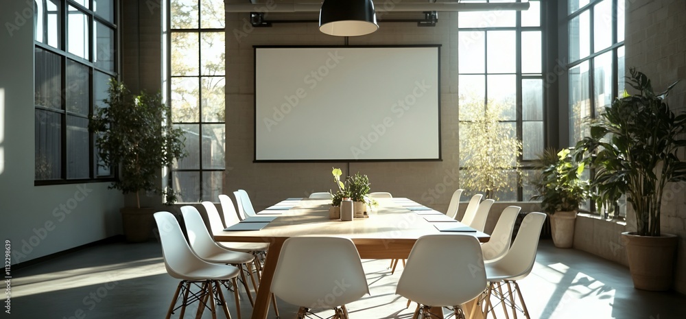 Poster modern conference room with a large table and projector screen.