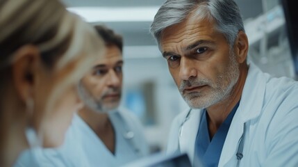 Medical professionals discussing a patient's X-ray in a clinical setting.