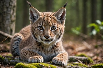 Fototapeta premium Close view of Eurasian Lynx cub against natural environment blurred background.