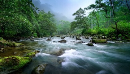 Fototapeta premium Serene Moss-Draped River in Lush Tropical Rainforest
