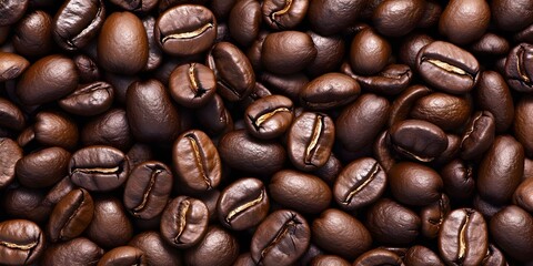 Obraz premium A close-up view of various roasted coffee beans arranged closely together. Concept Roasted Coffee Beans, Close-Up Photography, Coffee Varietals, Textures and Colors, Aroma of Fresh Brew