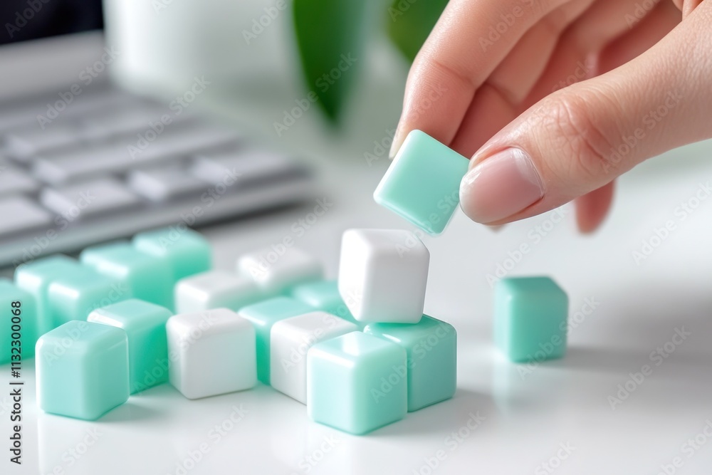 Poster hand placing pastel cube on a stack of white and mint green cubes on a desk.