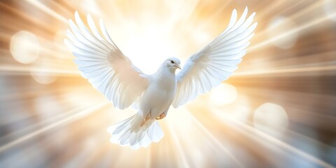 Fototapeta premium A white dove soaring with outstretched wings against a radiant, glowing background. Concept White Dove Symbolism, Soaring Birds, Radiant Imagery, Nature Photography, Serenity and Peace