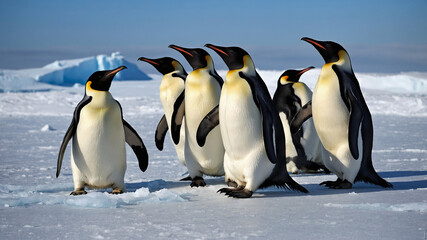 Obraz premium A group penguin sliding down an icy slope