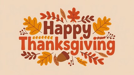 Obraz premium Cheerful Thanksgiving Design with Bold Typography, Autumn Leaves, and Festive Acorn on a Cozy Beige Background