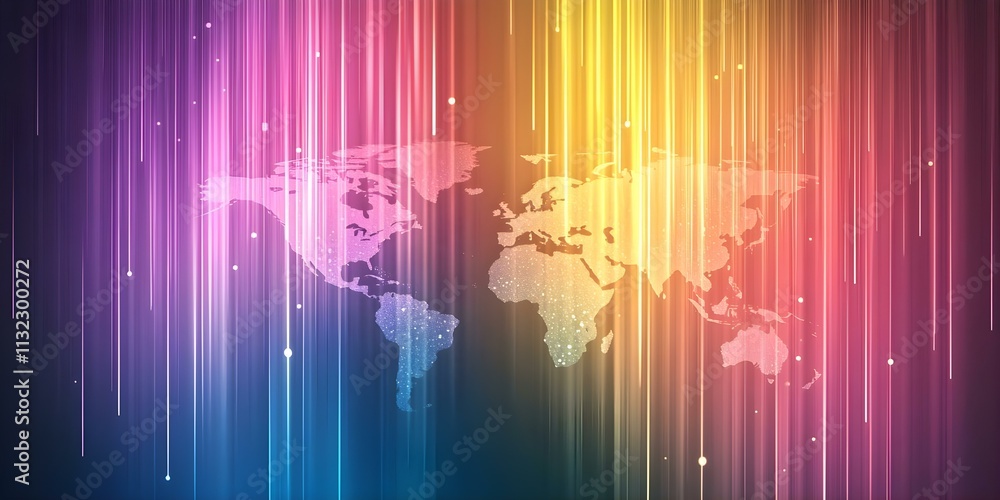 Poster a colorful digital representation of a world map, enhanced with vertical lines of light in various h
