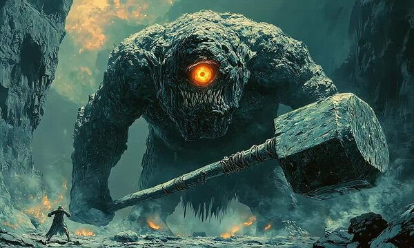 A giant cyclops with glowing orange eye holding a massive club, pull back scene