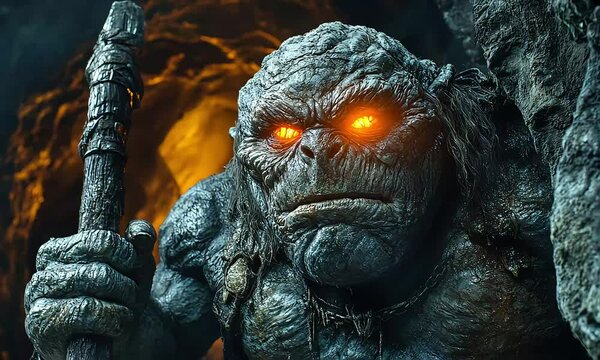 A giant cyclops with glowing orange eye, holding a massive club in a dark cave, emerging from the cave