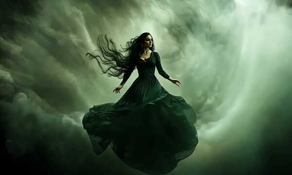 A haunting banshee tranform to woman female human, her ethereal form swirling in a stormy black void fog