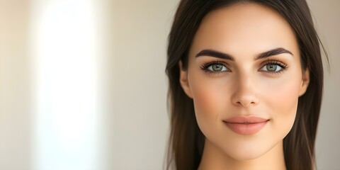 Naklejka premium A close-up portrait of a woman with long dark hair and striking green eyes, smiling softly against a light background. Concept Close-Up Portrait, Striking Green Eyes, Long Dark Hair, Soft Smile