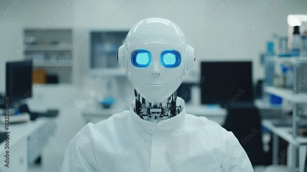 Aufkleber White Robot Wearing Lab Coat In A Laboratory Setting