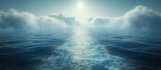 Fototapeta premium Serene ocean scene with sunlit wake and clouds.