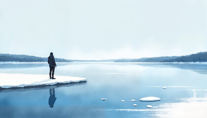 Naklejka premium Person standing on the edge of an icy lake in winter, surrounded by a serene snowy landscape