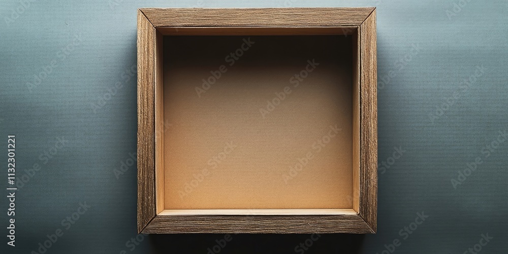 Poster an empty wooden frame placed inside a box, highlighting the box s design while showcasing the empty 