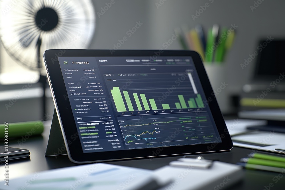 Aufkleber tablet displaying financial charts and graphs on a desk. (1)