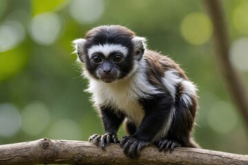 Naklejka premium Close view of Pied Tamarin cub against natural environment blurred background.