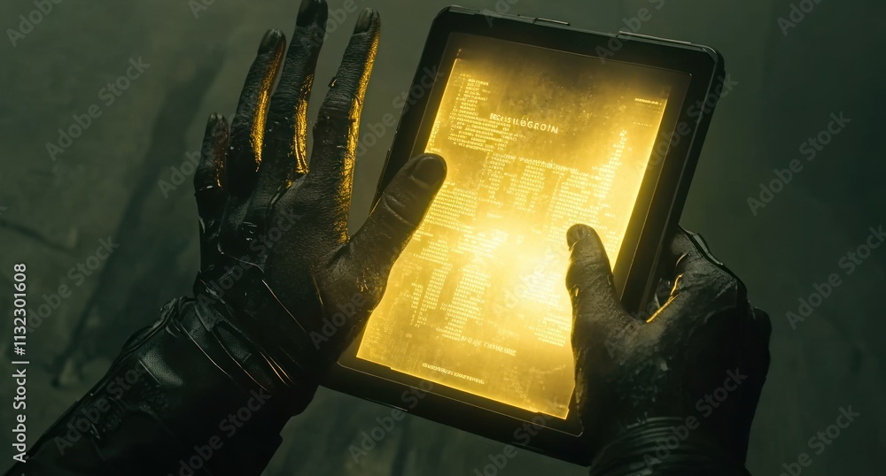 Poster glowing tablet held in gloved hands, showcasing a digital map or interface.
