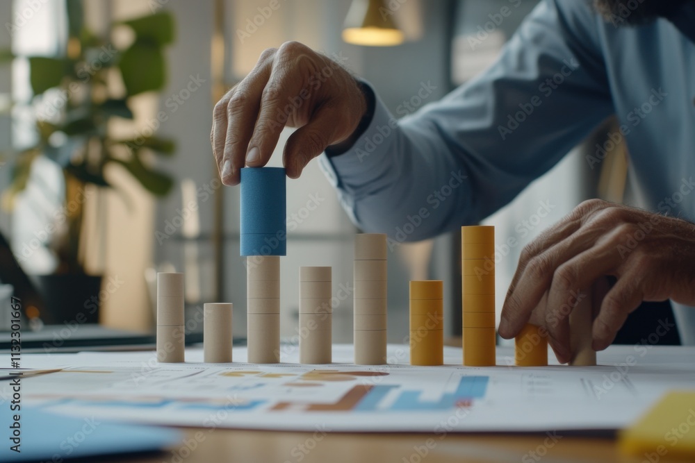 Poster close-up of hands arranging colorful wooden blocks on a financial report, symbolizing planning and s