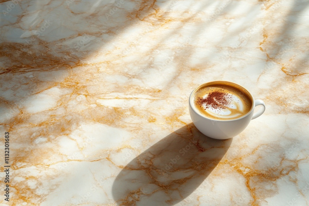 Poster a cup of cappuccino with latte art on a marble table in sunlight.