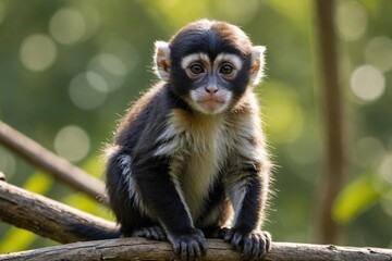 Obraz premium Close view of De Brazza's Monkey cub against natural environment blurred background.
