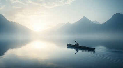 Solitary Kayaker Paddling Calm Mountain Lake at Dawn