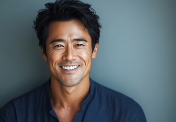 Fototapeta premium Confident and Charming Smiling Man with Short Dark Hair Against a Simple Background, Perfect for Portraits or Lifestyle Presentations in Modern Media