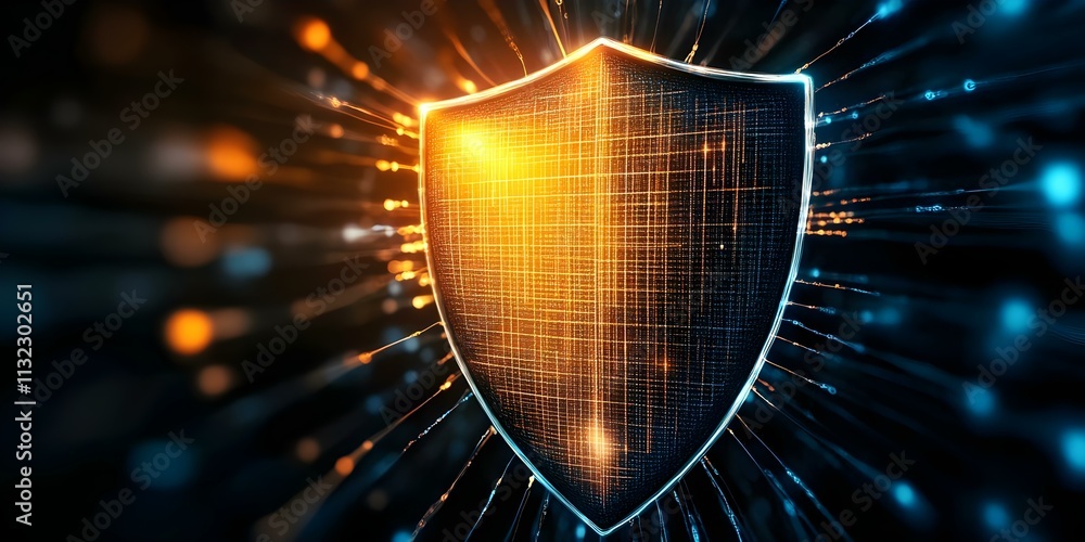 Poster a glowing shield icon with radiant lines and lights in a dynamic, digital style. concept glowing shi
