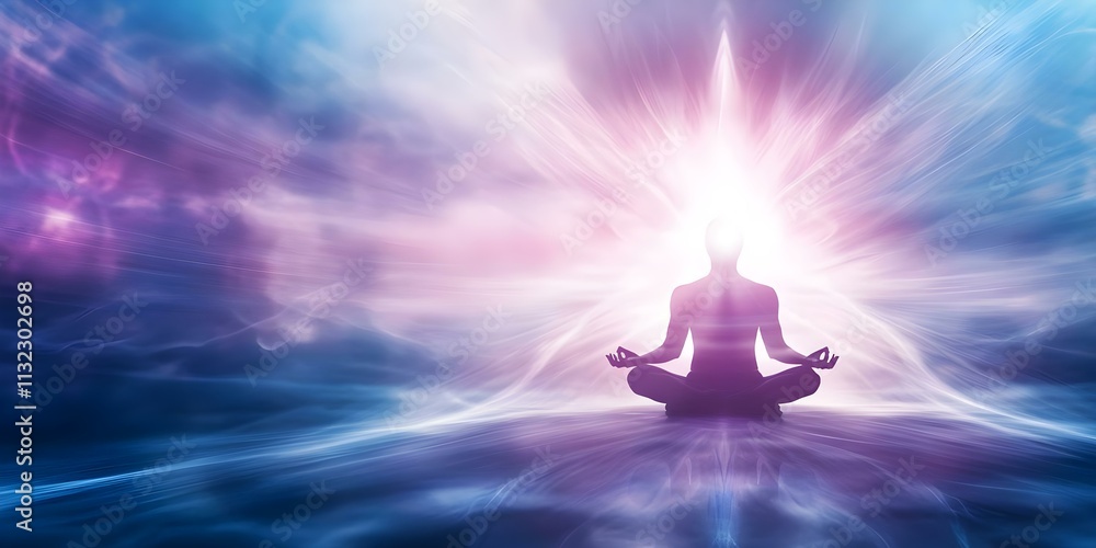 Poster a silhouette of a person meditating, surrounded by colorful light and ethereal patterns, creating a 