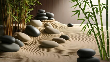 Black zen stones and green bamboo on a white pebble bed evoke a sense of spa-like balance, relaxation, and wellness in nature