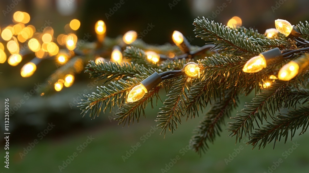 Poster a close-up of festive string lights on evergreen branches, creating a warm atmosphere.