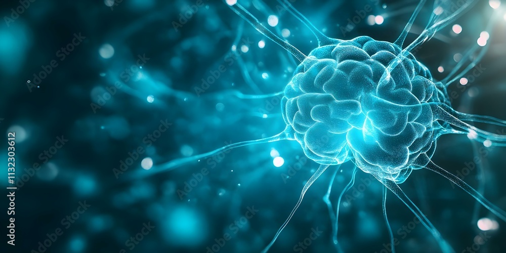Poster a digitally rendered image of a glowing brain with neural connections, depicting concepts of intelli