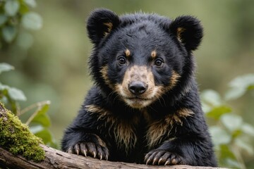 Fototapeta premium Close view of Andean Bear cub against natural environment blurred background.